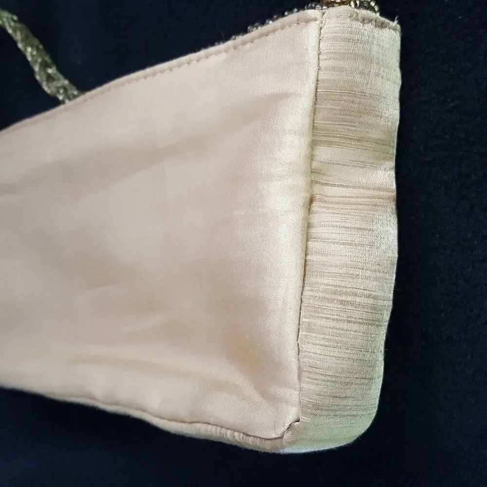Vintage Jessica McClintock Womens Purse Gold Sateen Formal Clutch Bead Handle